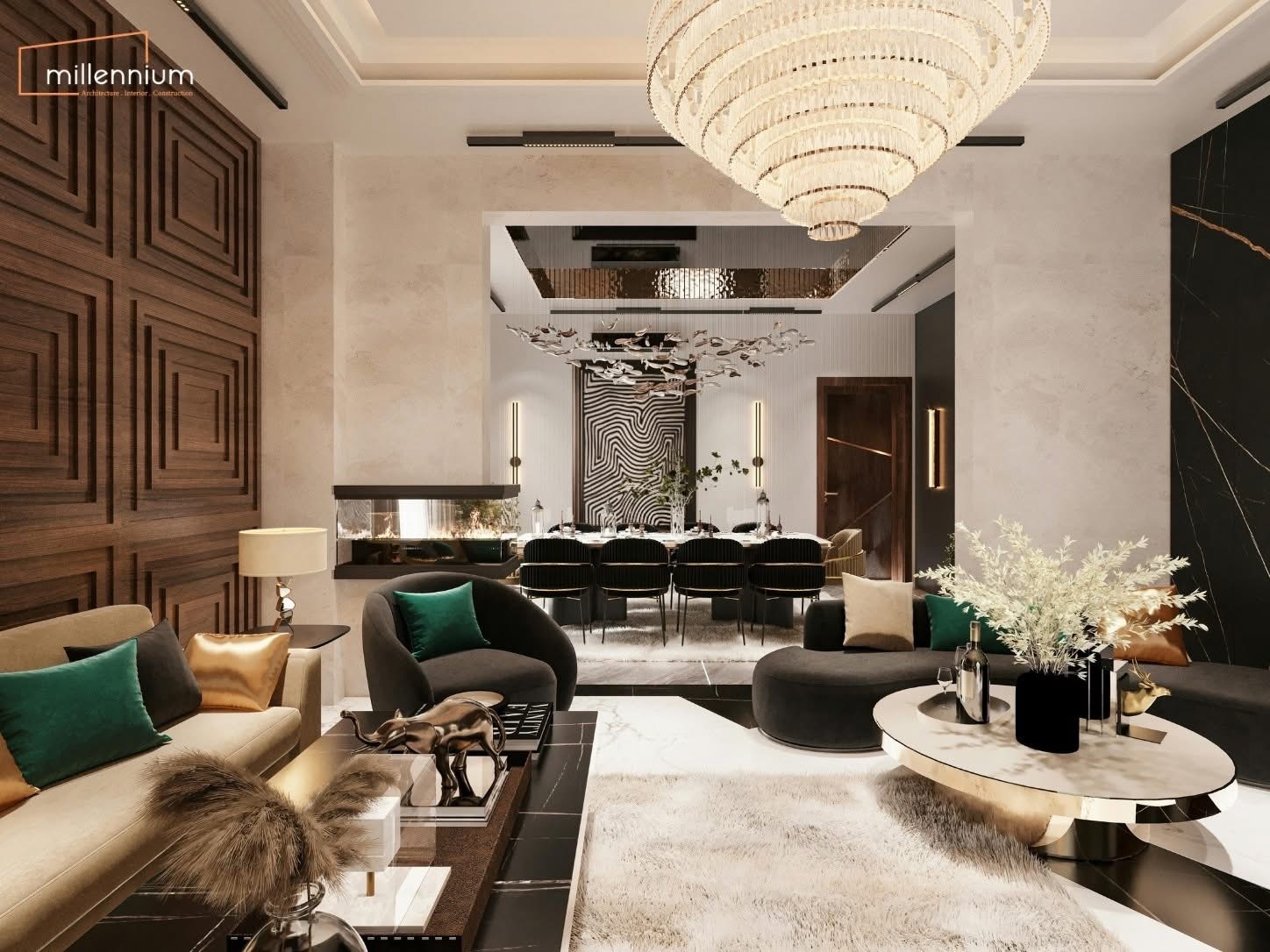 Concept: apartment living room with sculptural sofa at dusk