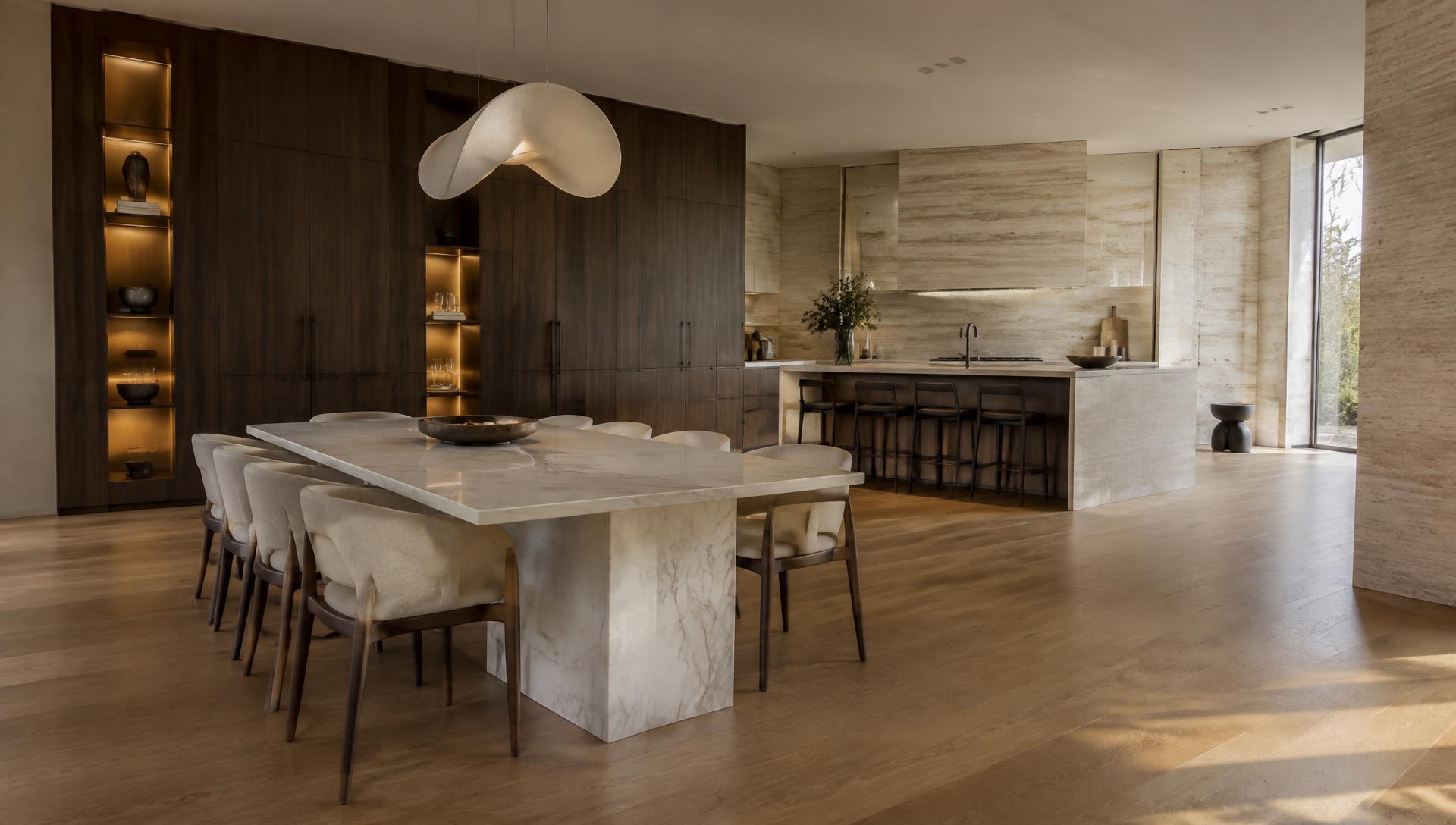 Open-plan dining and kitchen concept with walnut cabinetry, marble table and travertine walls