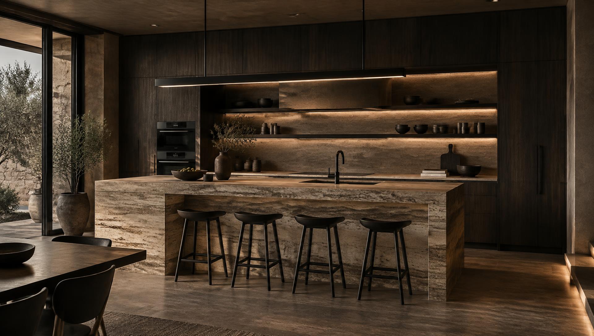 Concept visualisation: dark kitchen with a sculptural travertine island and warm indirect lighting